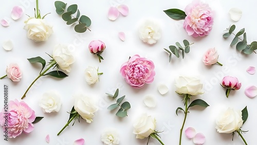 Flat lay of pink peonies and white roses with eucalyptus on a white background
