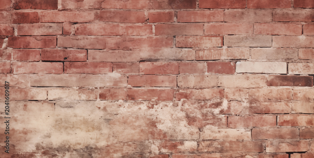 Fototapeta premium Aged red brick wall with crumbling white plaster patches for rustic architectural texture