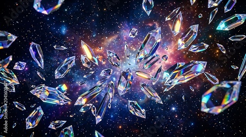 Floating Prismatic Crystals in Deep Space Nebula Background