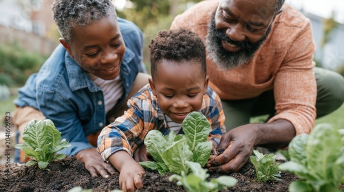 Cheerful family working together planting fresh vegetables in their home garden.