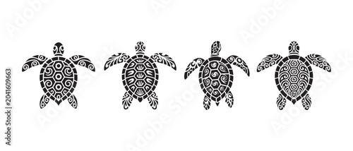 Photos Set of four black sea turtle icons with decorative tribal patterns and geometric shell designs for nautical art and nature themes
