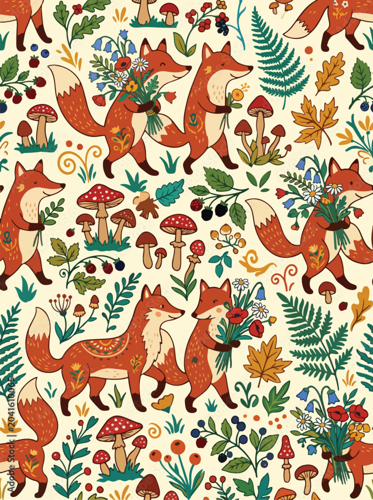 Obraz premium Vintage Folk Art Vector Pattern with Foxes and Botanical Elements in Warm Earth Tones