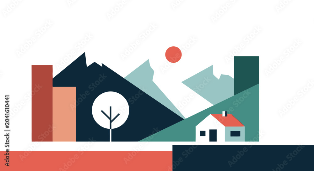 Obraz premium Abstract Geometric Landscape with House, Mountains, and Sun