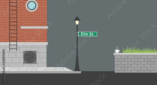 Quadro su tela Elm Street Sign, Brick Building, Lamppost, Coffee Cup, Urban Street Scene