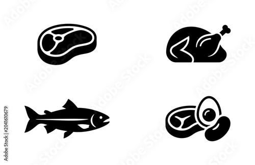 Photos Collection of food icons including steak, roasted chicken, fish, and fried egg w