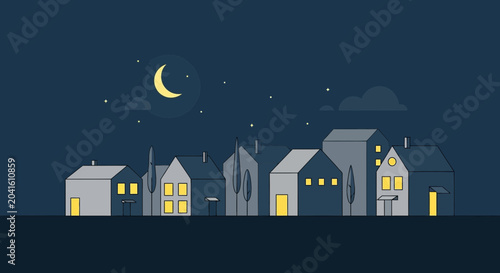Tableau sur toile Cozy Neighborhood at Night: Moonlit Street with Illuminated Houses and Stars
