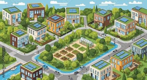 Foto Sustainable Eco-Friendly Neighborhood with Green Roofs and Solar Panels