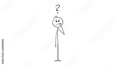 Stick figure character thinking with a question mark above head isolated on transparent background