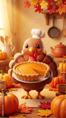 Adorable D turkey chef niche concept Adorable D turkey chef character holds a freshly baked pumpkin pie for a Thanksgiving celebration Whimsical CGI illustration in a cozy, warm autumn kitchen scene