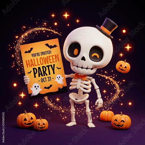 Cute D cartoon skeleton niche concept Cute D cartoon skeleton in a top hat holding a Halloween party invitation, surrounded by magical sparkles, whimsical pumpkins, and glowing stars on a dark