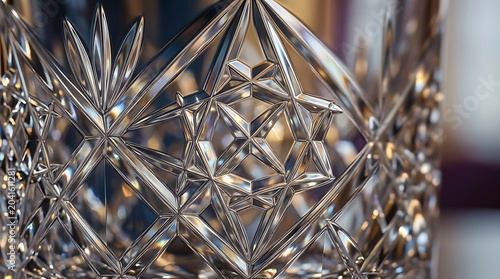 Macro Shot of Intricate Cut Lead Crystal Glass with Geometric Pattern