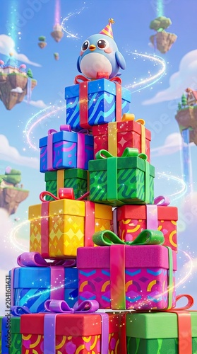 Cute Cartoon Bird with niche concept Cute Cartoon Bird with Party Hat on a Tall Stack of Birthday Gifts in a Magical Fantasy Game World D Render for Rewards, Bonuses, and Celebrations cinematic