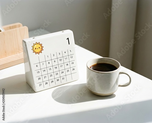 Fresh start on the niche concept Fresh start on the first day of the month with morning coffee and a cute ceramic calendar on a minimalist desk Concept of new beginnings, planning, and positivity