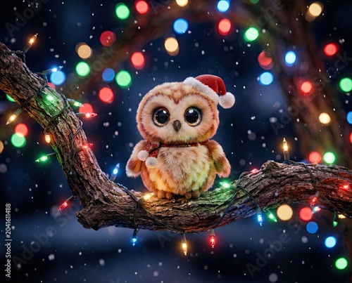 Adorable D baby owl niche concept Adorable D baby owl character in a Santa hat celebrating Christmas on a snowy winter night Festive animal on a branch with glowing holiday lights and bokeh
