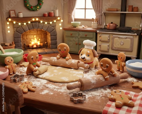 Charming gingerbread men and niche concept Charming gingerbread men and a cute puppy dog chef baking holiday cookies in a cozy kitchen with a fireplace Whimsical D claymation style Christmas scene