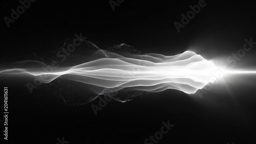 A bright light beam travels through wavy smoke trails on a dark background