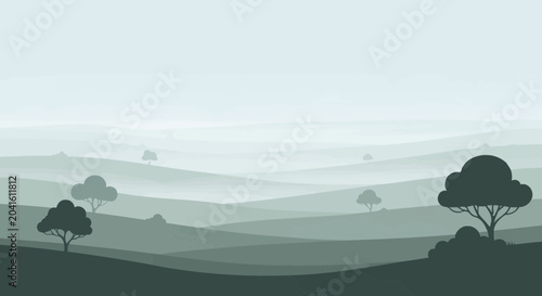 Tableau sur toile Serene Misty Hills Landscape with Silhouette Trees, Abstract Nature Scenery