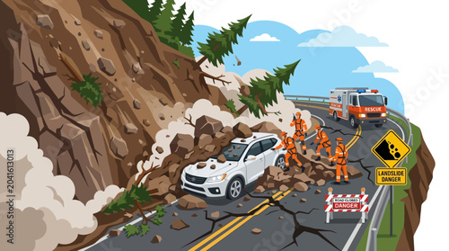 Cuadro en lienzo Landslide blocking mountain road with buried car and rescue team