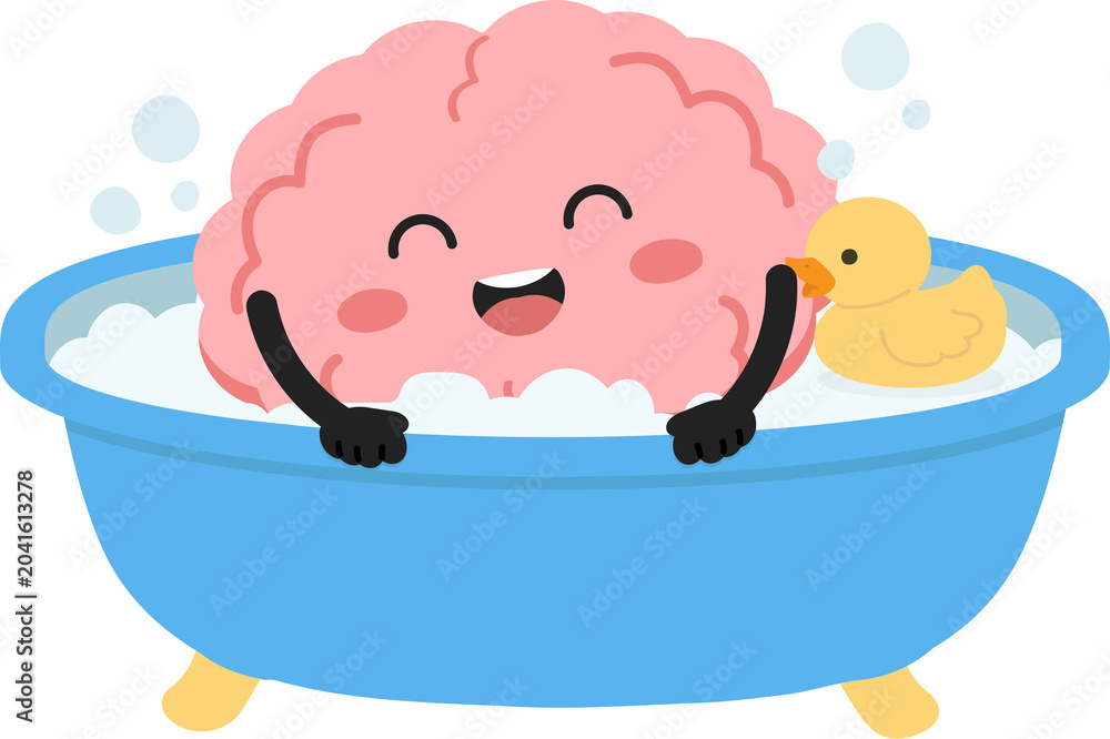 Naklejka premium Cute Brain Character Taking a Bath