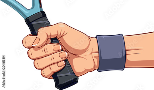 A dynamic vector illustration showing a firm grip on a tennis racket handle, capturing the spirit of athletic competition and focus.