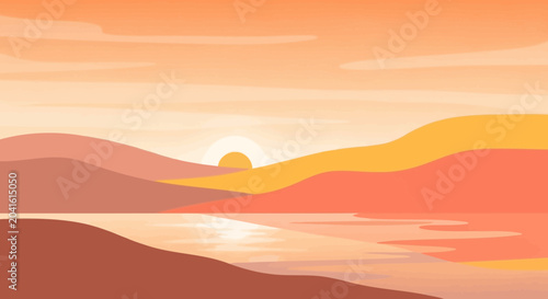Canvastavla Peaceful Sunset Over Calm Water with Hazy Mountains, Warm Orange and Yellow Hues