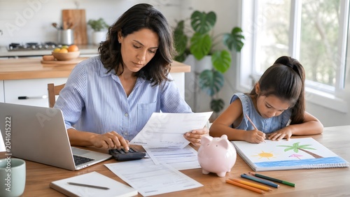 Mom and daughter study together at home