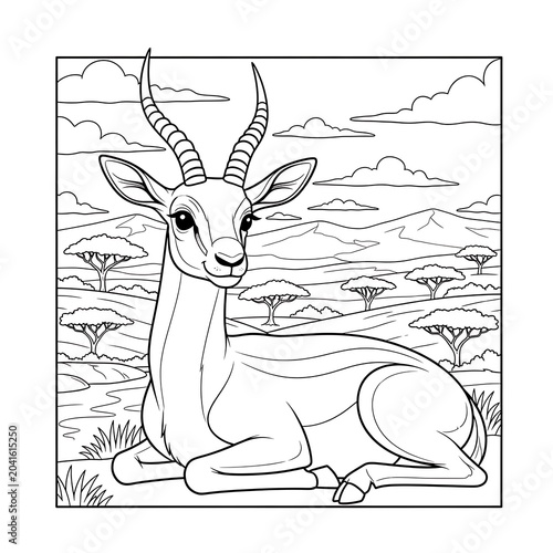 Graceful Antelope Resting in African Savanna Landscape Coloring Page