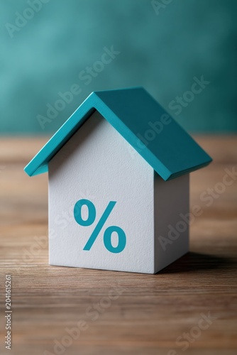 Small house block with percent sign printed on side for mortgage rate and home loan poster background or financial banner design