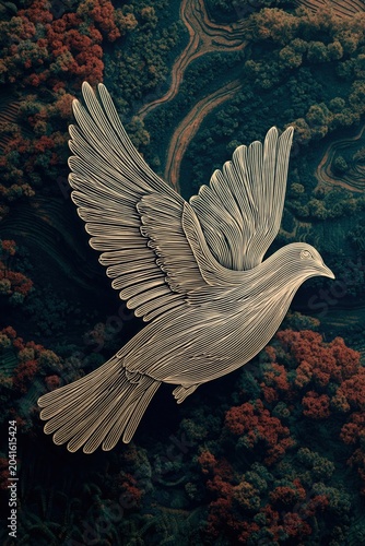 Simplified Peace Dove icon with clean lines, floating over Earth-themed backdrop