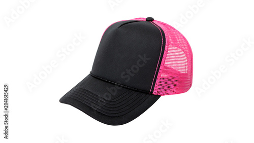 Black and pink mesh trucker cap casual sport headwear accessory on transparent background