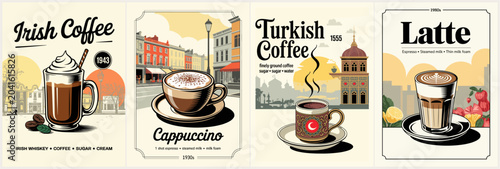 Konstfotografi Vintage coffee cups sit atop charming cityscapes