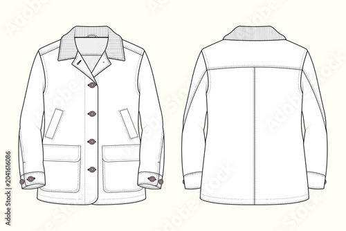 Foto Unisex Utility Chore Coat with Corduroy Collar Fashion Technical CAD Sketch