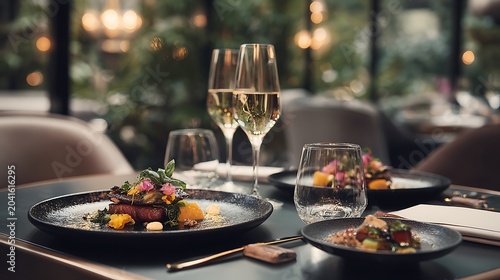 Gourmet Fine Dining Table Setup with Wine and Candlelight
