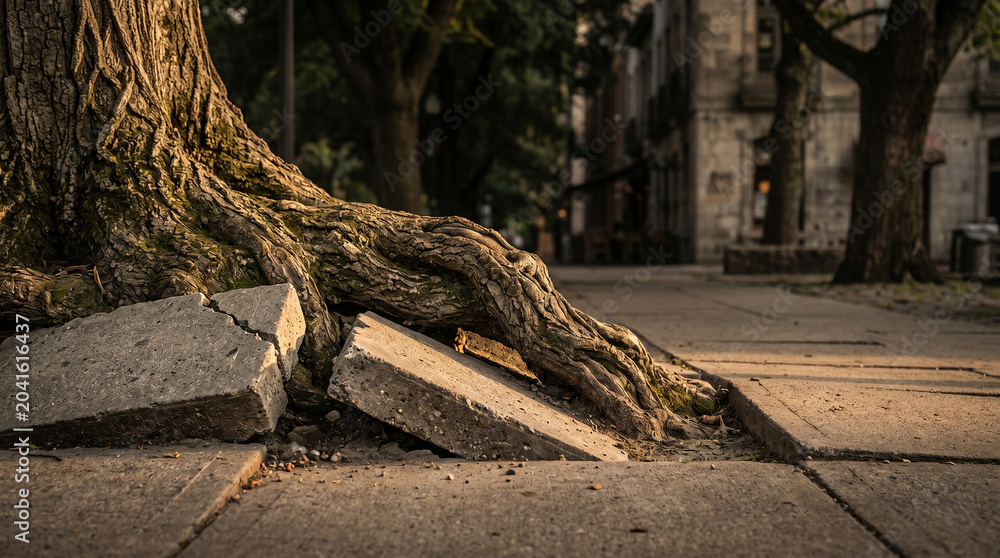 Obraz premium Strong tree roots breaking through city concrete sidewalk