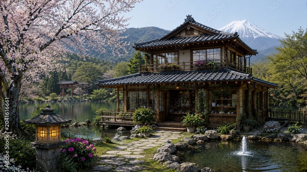 Obraz premium Traditional Japanese House Near Mount Fuji Lake