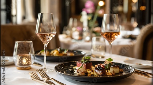 Gourmet Fine Dining Table Setup with Wine and Candlelight