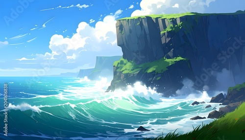 Anime style coastal landscape with steep grassy cliffs and crashing ocean waves