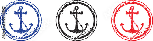 Silhouette of anchor stamps in blue black and red on white background