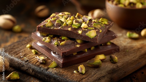 Artisanal Dark Chocolate Bars with Chopped Pistachios on Wooden Board