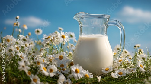 Fresh Milk in Glass Pitcher on Wildflower Chamomile Field