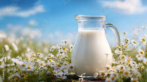 Fresh Milk in Glass Pitcher on Wildflower Chamomile Field