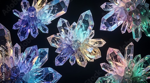 Vibrant iridescent crystal clusters on a black background