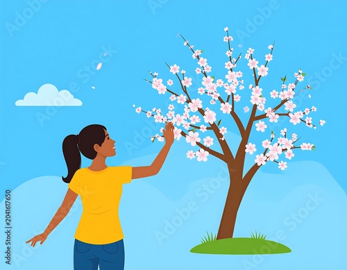 Young Woman Touching Blooming Cherry Tree in Sunny Blue Landscape