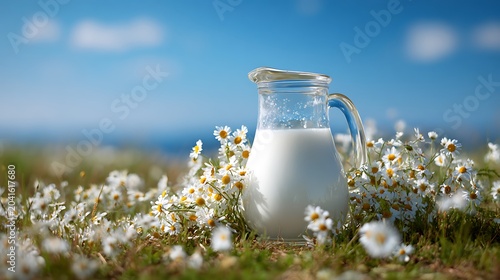 Fresh Milk in Glass Pitcher on Wildflower Chamomile Field