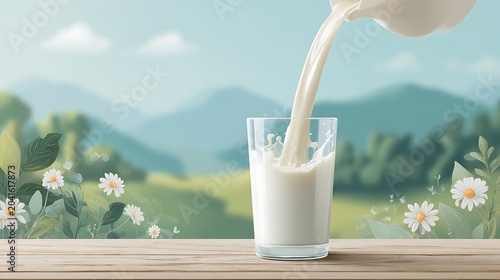 Fresh Milk Pouring Into Glass with Pastoral Landscape Background