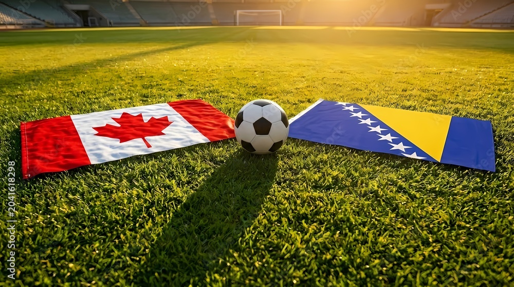 Fototapeta premium Canada Vs Bosnia And Herzegovina Soccer Match Concept With Ball And National Flags On Stadium Grass Pitch At Sunset