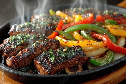 Sizzling beef fajita platter on hot cast iron skillet with grilled peppers and onions