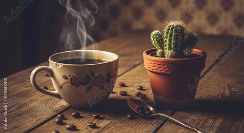 Steaming Coffee Cup and Small Cactus Arranged on Rustic Wooden Table