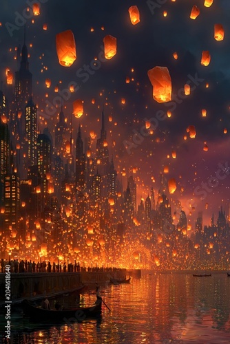 Sky full of Kongming lanterns floating above an urban skyline, peaceful night celebration