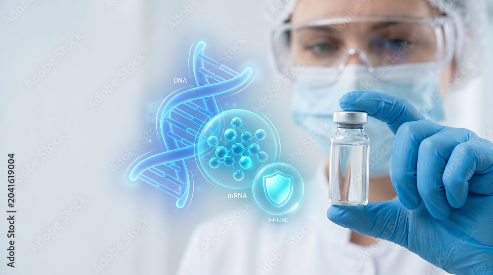 Fototapeta premium Scientist Holds Vaccine Vial in Laboratory to Examine DNA Helix Structure, Analyze Molecular Composition, Verify Shield Protection Symbol, and Study Genetic Research Data